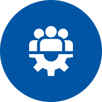 Three people over gear icon in blue