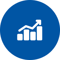 Ascending bar chart with arrow on blue
