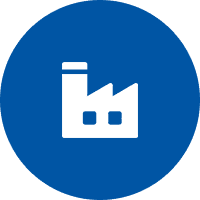 Factory building icon inside blue circle