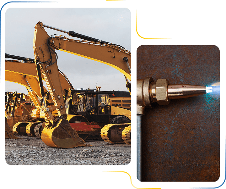 Excavators lined up beside welding torch flame