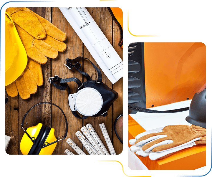 Hard hat, gloves, respirator and plans