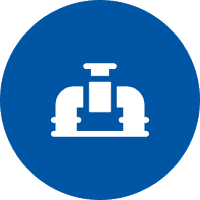 White pipe fitting icon on blue circular background.